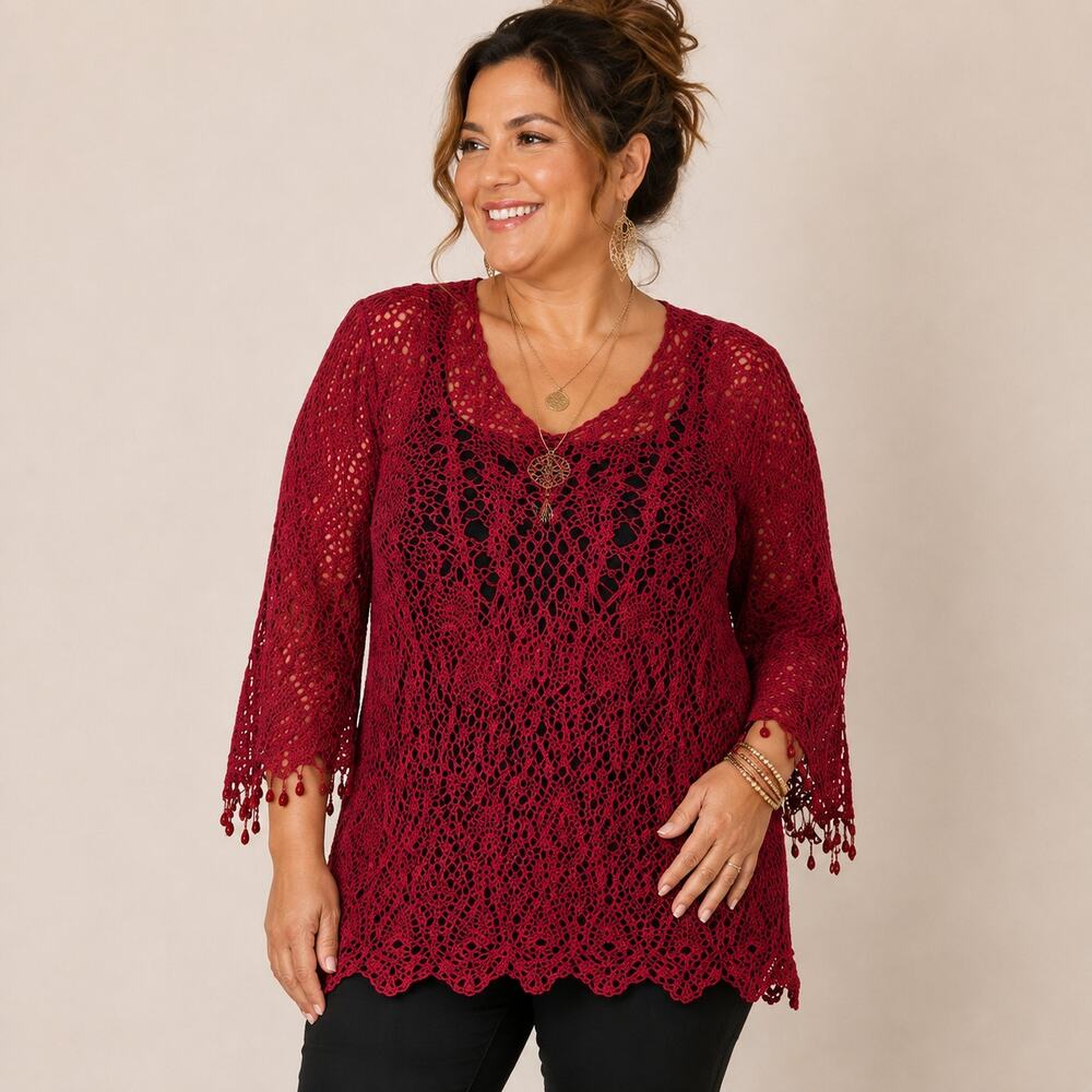 The Limited Handknit Women XL Crochet Tunic Top Red Beaded Boho Flare Sleeve VTG